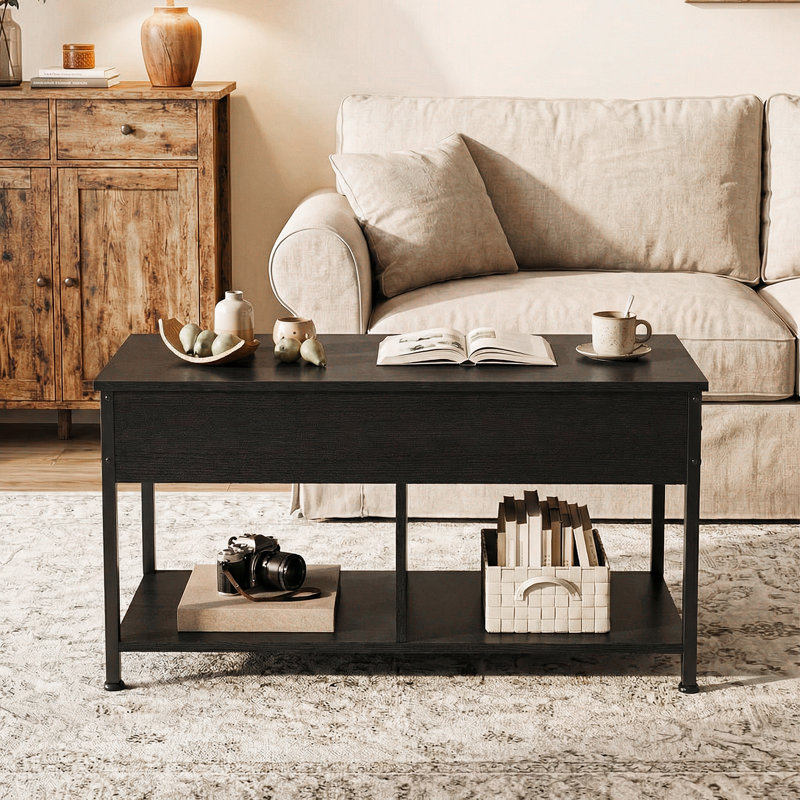 Lift Top Coffee Table with Wooden Lifting Tabletop, Featuring Storage Shelves and Compartments, Suitable for Living Rooms and Offices.