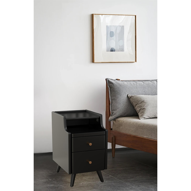 Table de chevet en bois avec deux tiroirs - Table de chevet pour chambre à coucher, Noir