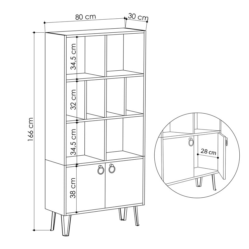 Rek Freestanding Bookcase with 8 Compartments and 2 Cabinets, Anthracite/Oak
