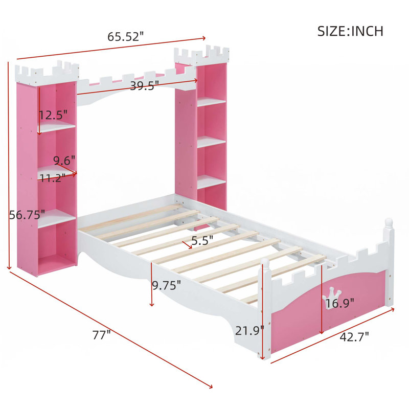 Lit plateforme en bois avec tablette de rangement Castle, Rose