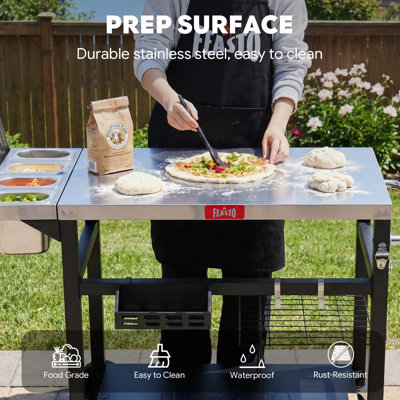 FEASTO Outdoor Pizza Oven Table with Stainless Steel Top, Pizza Prep Station with Lid & 4 Topping Containers, Rolling Grill Cart with Storage Shelves & Lockable Wheels