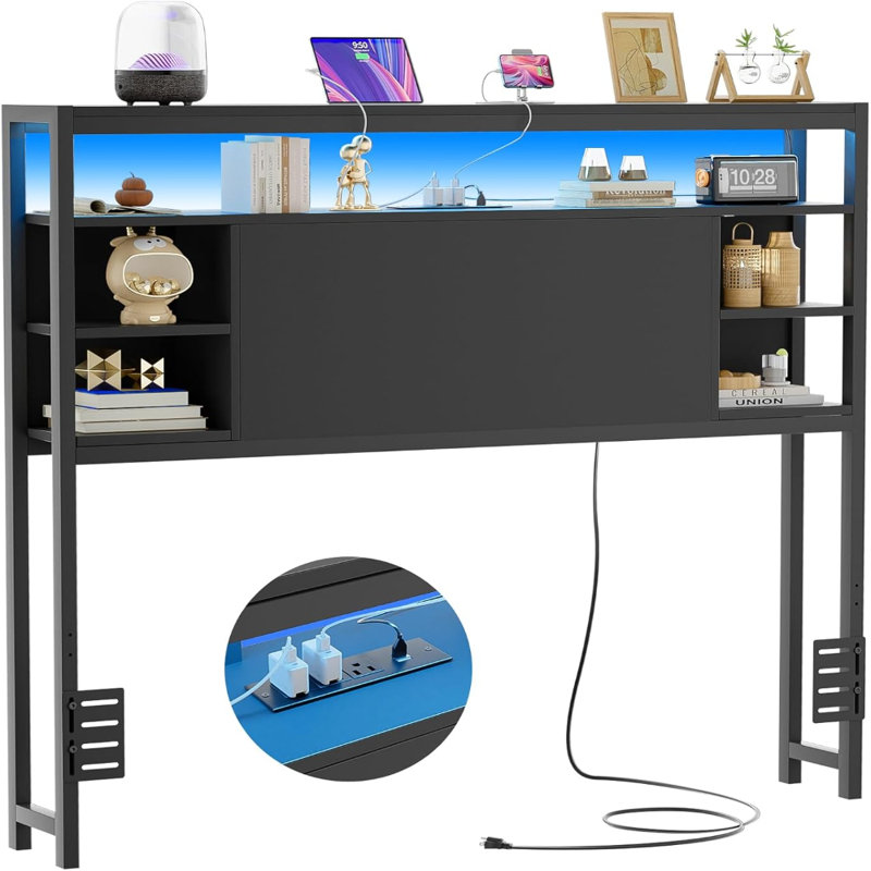 Headboard With Storage, Headboards With Power Outlets And Smart LED Light, Sturdy Head Board For Twin Size Bed, Stable Twin Headboard Only For Bedroom, Dorm Room, Guest Room