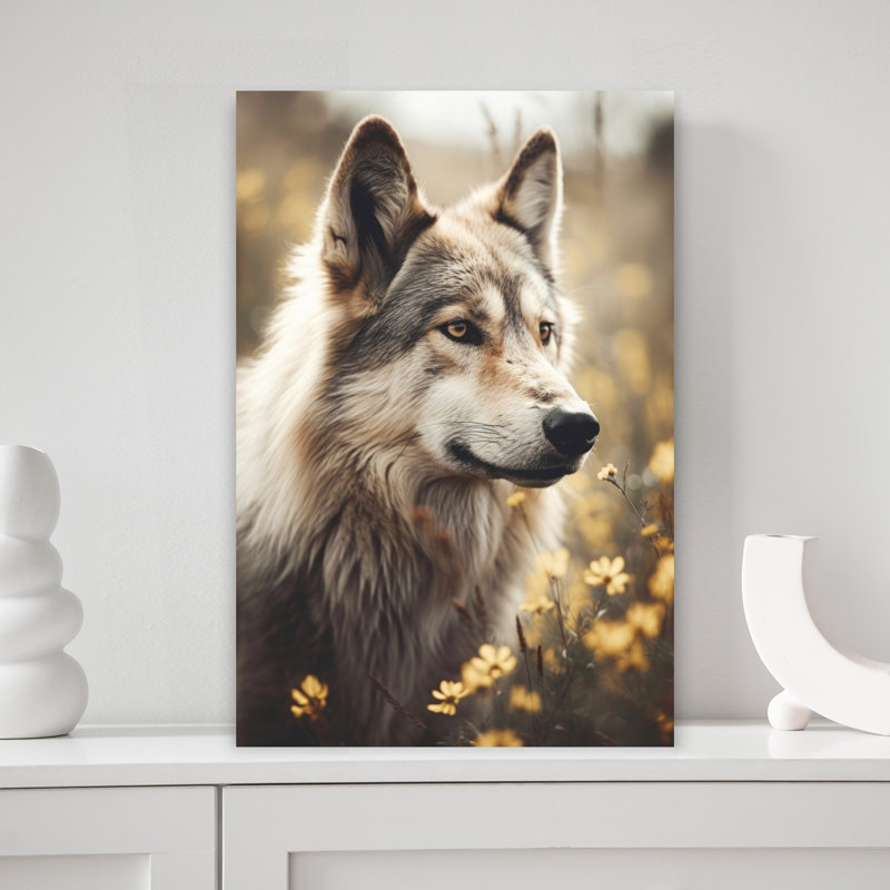 Sérénité Lupine Art Mural Contemporain Chien Loup Forêt de Fleurs, H 18 po x l 12 po