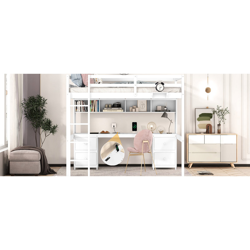 Lit mezzanine en bois avec bureau, 4 tiroirs et prises de recharge - Bureau blanc avec de nombreuses options de rangement