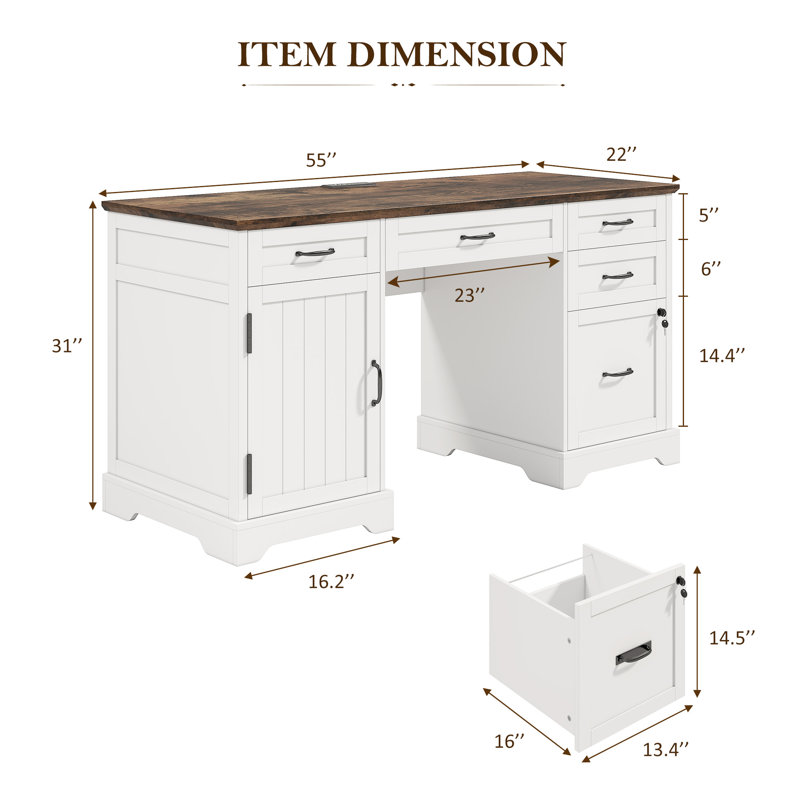 Clabe Modular Executive Desk, Rustic Brown/White