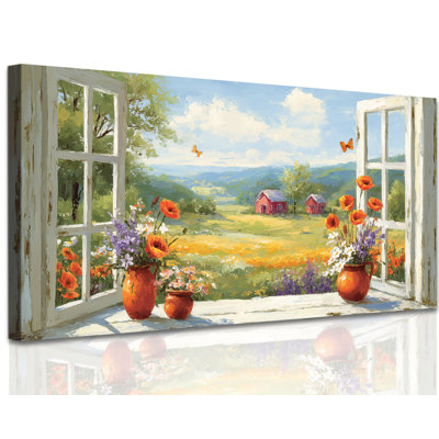 «GUTTATY Farmhouse Rustic Wall Art, Floral Window View Canvas Wall Decor»
