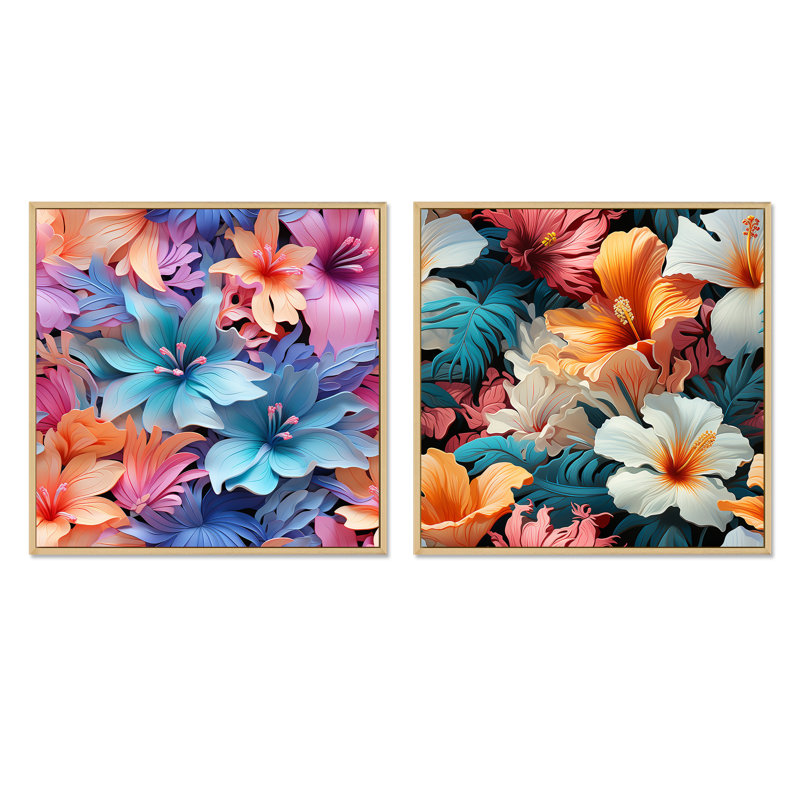 Tropical Dreamscape III - motif tropical - ensemble de 2 collages carrés floraux, Cadre flottant brun, H 30 po x l 61 po