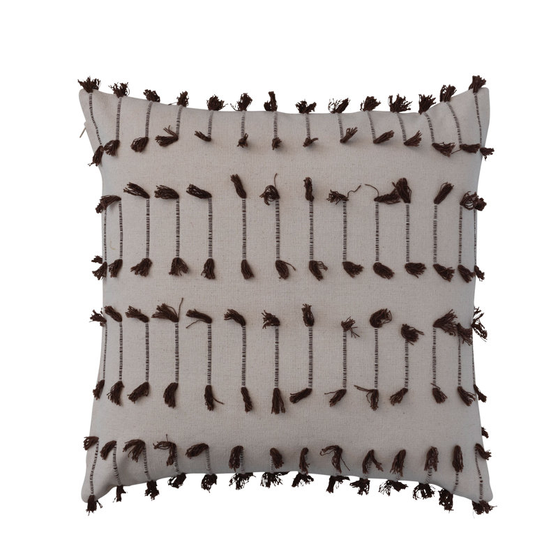 Ivory and Brown Embroidered Cotton Throw Pillow with Tassels