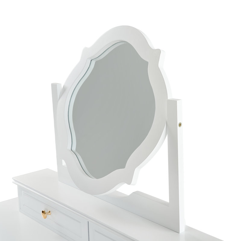 Space-Saving Makeup Vanity Set with Reversible Mirror & Stool - Dressing Table with 5 Drawers