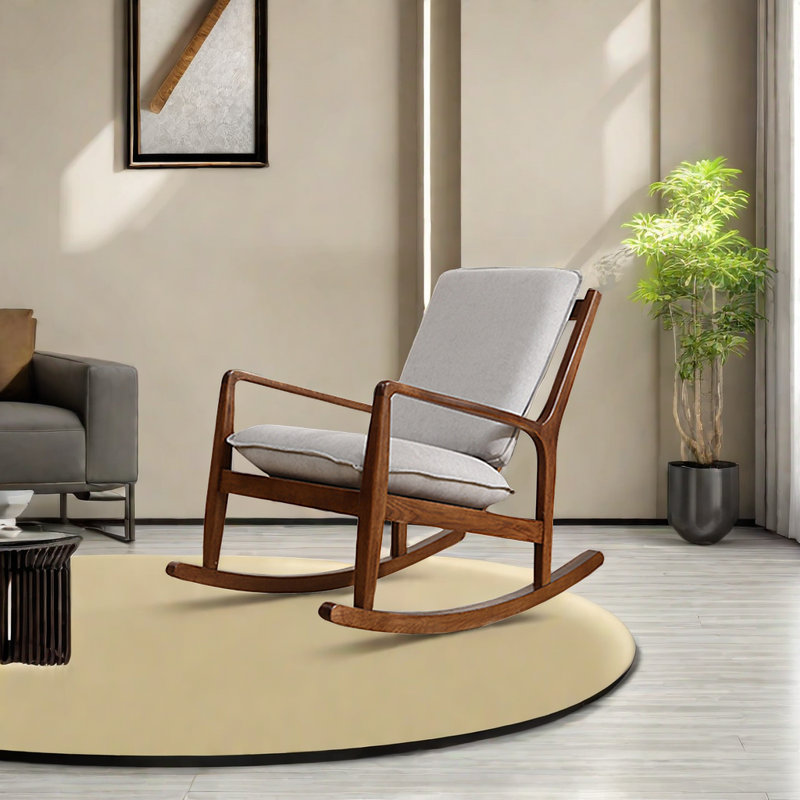 Chaise berçante simple en bois massif, Brun foncé, Blanc cassé