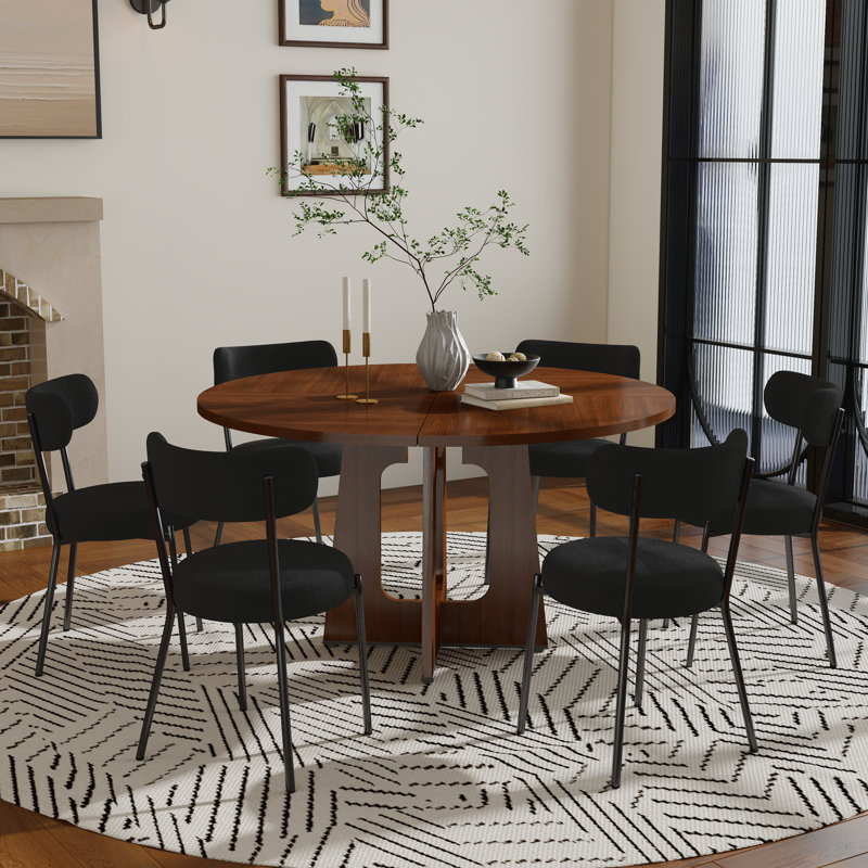 47In Pedestal Dining Set,Round Dining Table And Teddy Dining Chair, 7 Pieces: Table, 6 Chairs, Black, Walnut