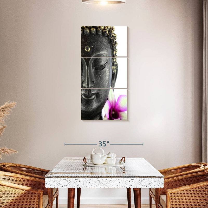 Ensemble de 3 têtes de bouddha sur toile, H 21 po x l 44 po x P 1,25 po