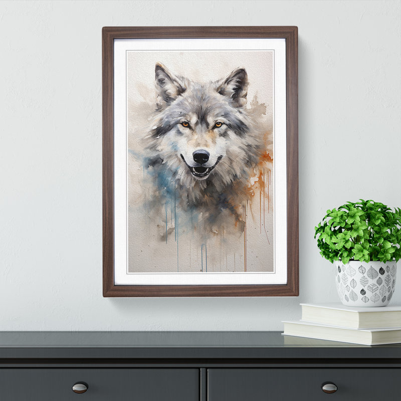 Wolf Gestural No.2 - Single Picture Frame Print on Wood, 64cm H x 46cm W x 2cm D, Walnut