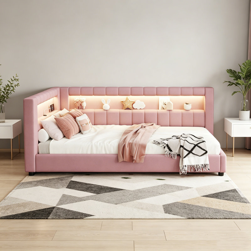 Lit plateforme simple tapissier rose avec ports de charge USB et ceinture lumineuse à DEL rose, Très grand simple, Pink