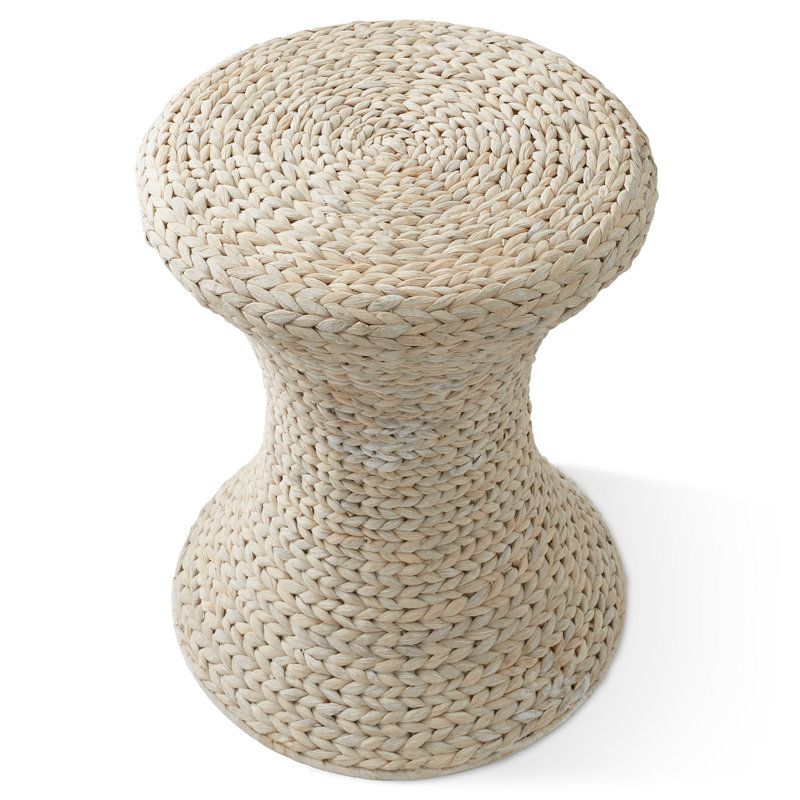 Hourglass Accent Table Water Hyacinth Round Side Table Boho End Table, Whitewash, Ivory