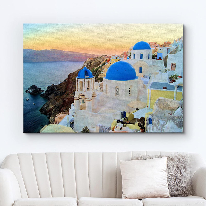 Vue du dôme bleu de Santorini, Grèce, villes, désert sur impression sur toile, H 32 po x l 48 po x P 1,5 po