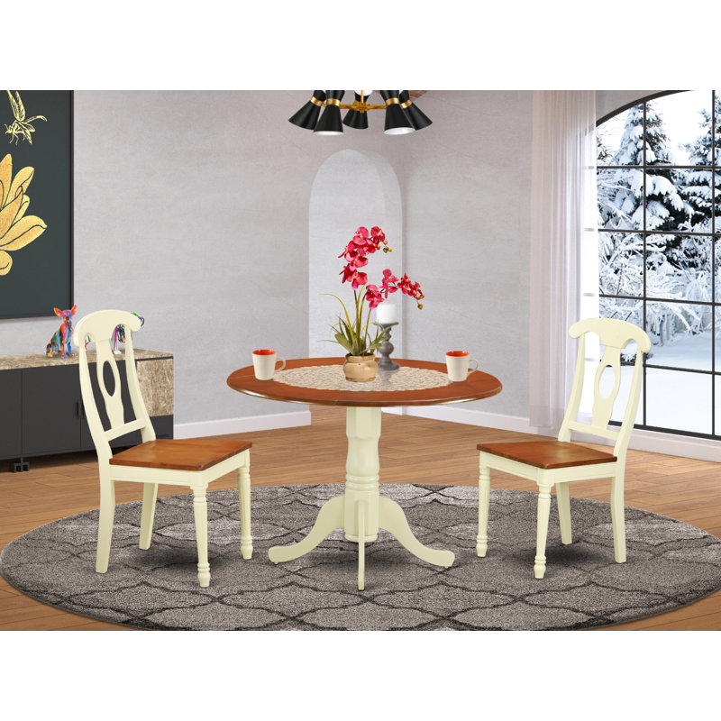 Ensemble de coin repas 3 pièces pour petits espaces comprenant une table ronde avec Dropleaf et 2 chaises de salle à manger, 42 po x 42 po, babeurre et cerise