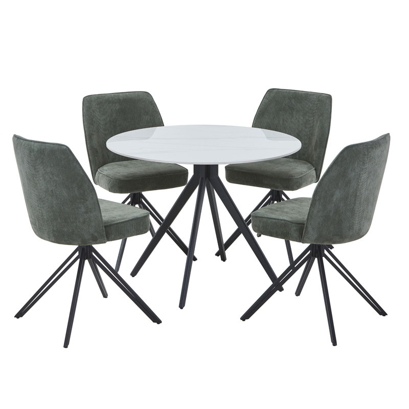 Aspen Gloss White Sintered Stone Round Table with 4 Swivel Upholstered Fabric Chairs - Modern Dining Set, Green