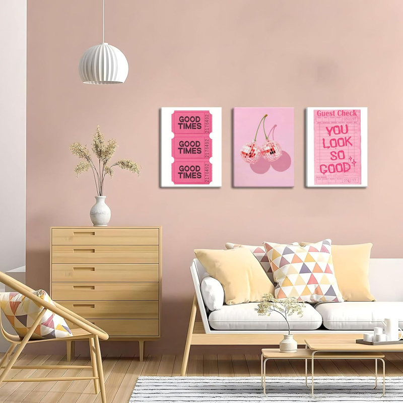 Rose, art mural, ensemble de 3 balles cerise à la mode, décoration murale, Good Times, affiche You Look So Good, impression sur toile, esthétique esthétique