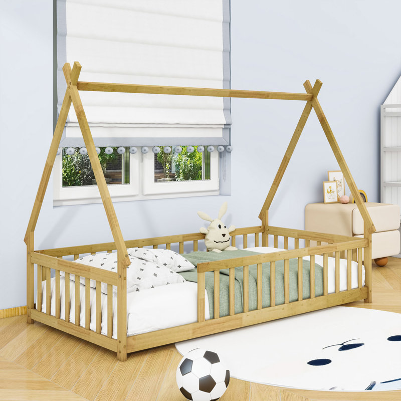 Twin Wood Tent-Shaped Teepee Bed With Guardrails, Natural