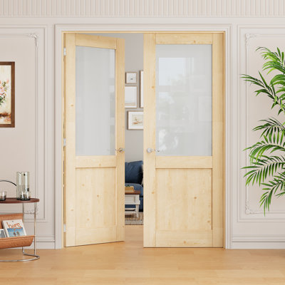 Interior Half-Lite Pine Wood & Frosted Glass Door, Colonial Natural Solid Double French Doors, SGCC Certified Tempered Glass, Pine Wood Frame & Satin Nickel Hardware-Privacy Door Lever with Lock, Latch & Hinges, Unfinished & Paintable, 60"x 80"