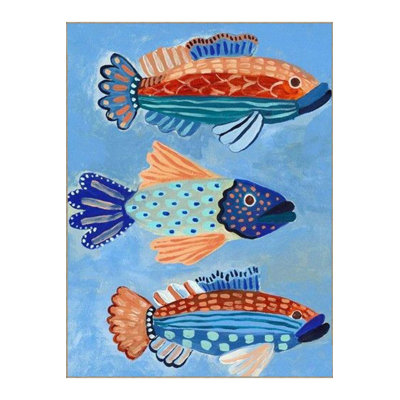 Blue Themed Multicolor Fish Patterned Woven Base Modern Decorative Washable Rug
