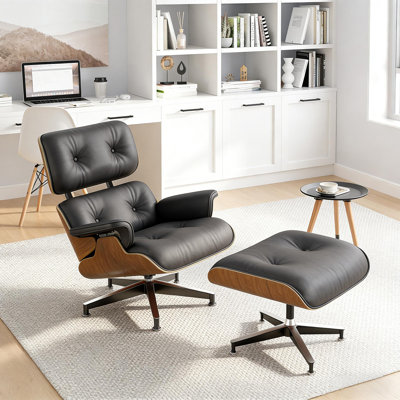 Mid Century Leather Swivel Lounge Chair With Ottoman Solid Wood Frame
