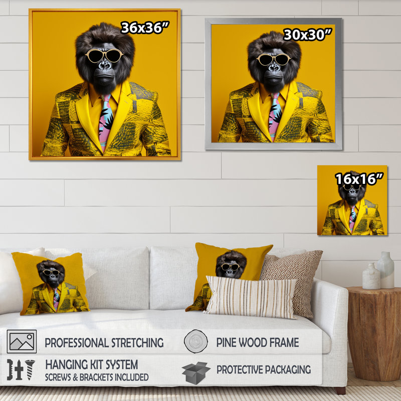 Jaune gorille en costume I - art mural gorille, H 30 po x l 30 po x P 1,5 po, Cadre simple noir