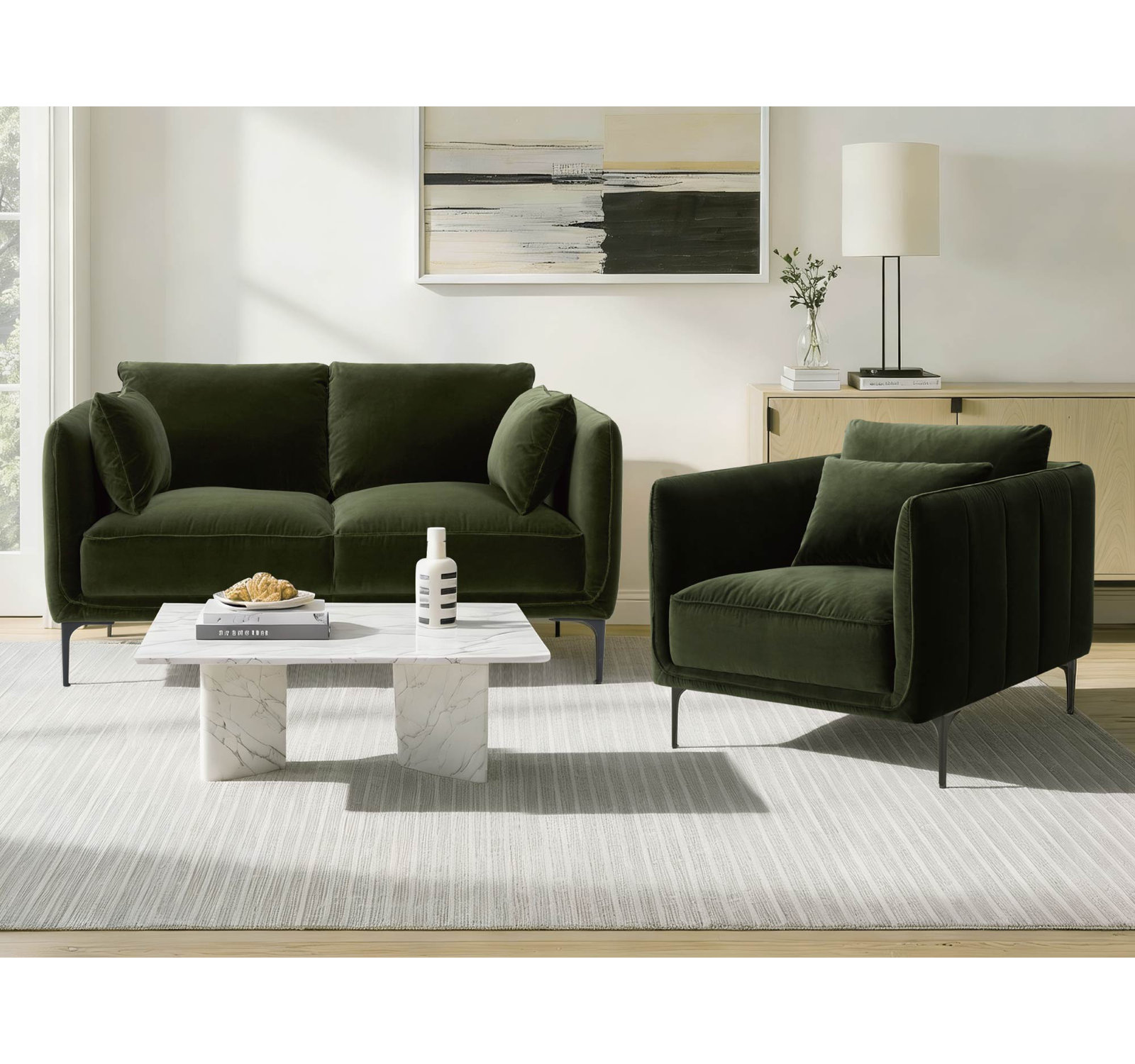 Rae 2-Piece Linen Living Room Set, Military Green Velvet