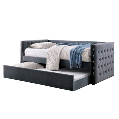 Gray Transitional - Style Daybed With Trundle Featuring Padded Button Flannelette Upholstery, Nailhead Trim And Design, Slat Kit Present Trundle, Upholstery Presented