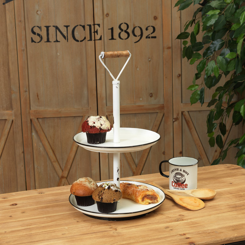 22.4-Inch Metal Two-Tiered Serving Tray – Farmhouse Enamel-Style Display Stand with Wood-Grip Handle