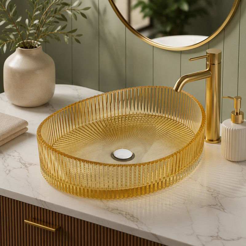 Lavabo de salle de bain en verre cristal Yuan³, 20 po, or clair, vasque sans robinet
