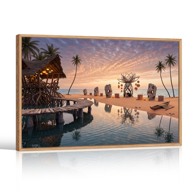 "Tropical hut and Stone Sculptures At Sunset On Beach", art mural sur toile, H 18 po x l 24 po