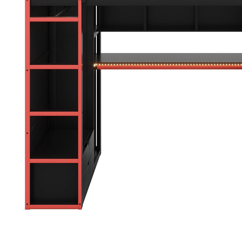 Full Size Wood Loft Bed With Desk,Wardrobe And RGB LED Light, Red