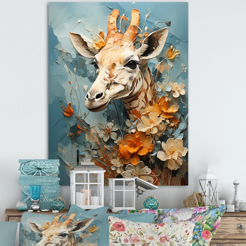 «Blue and beige Giraffe Portrait», art mural sur toile girafe, Toile tendue, H 32 po x l 16 po x P 1 po