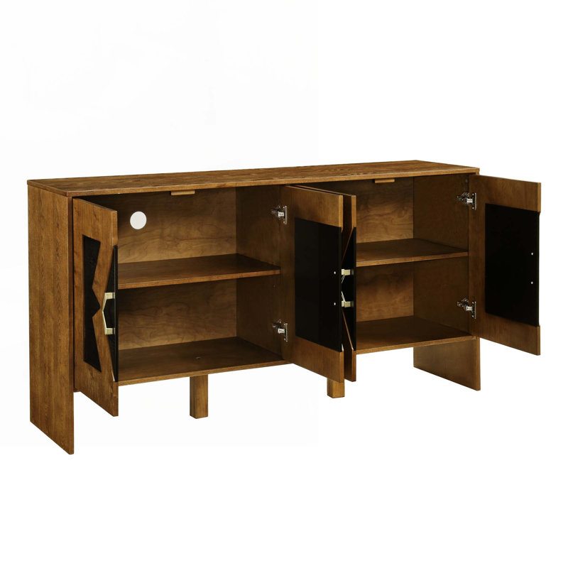 Console en bois avec motif géométrique, tablettes réglables, Noyer brun