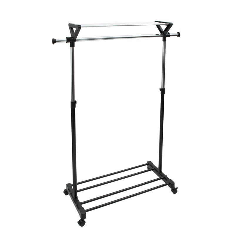 Adjustable Black and Chrome Steel Garment Rack with Shelves