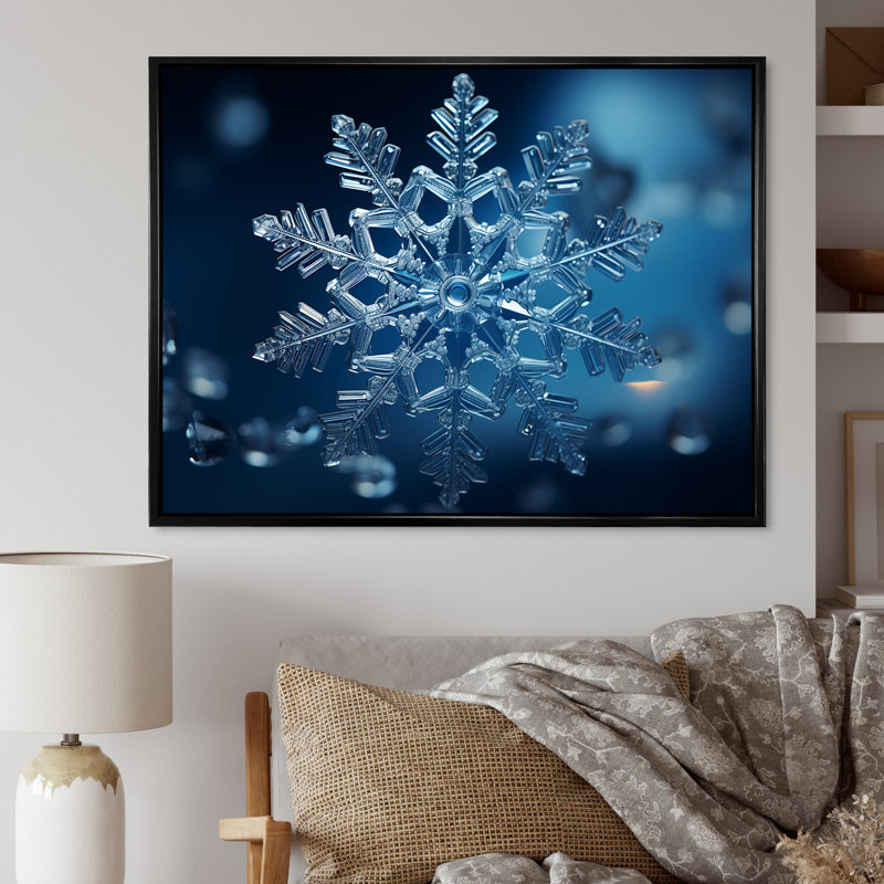 «Blue Snowflake Holiday I - Winter Landscape», art mural, Cadre flottant noir, H 12 po x l 20 po x P 1 po