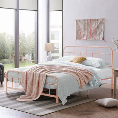 Queen Size Metal Bed with Rounded Corner Headboard and Footboard, Pink