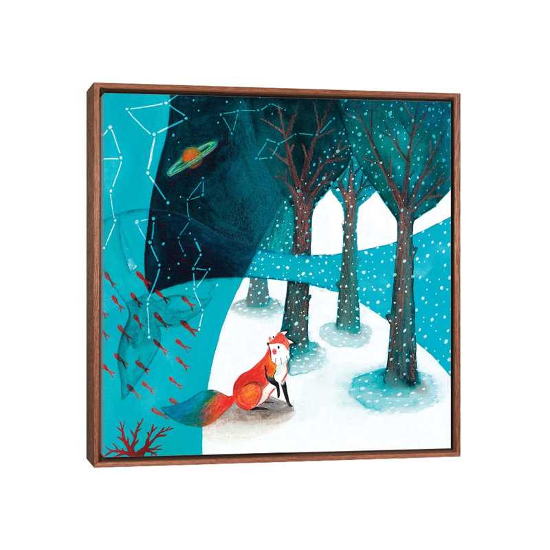 Renard et baleine V - imprimé, H 26 po x l 26 po x P 1,5 po, Toile avec cadre brun, Pas de tapis