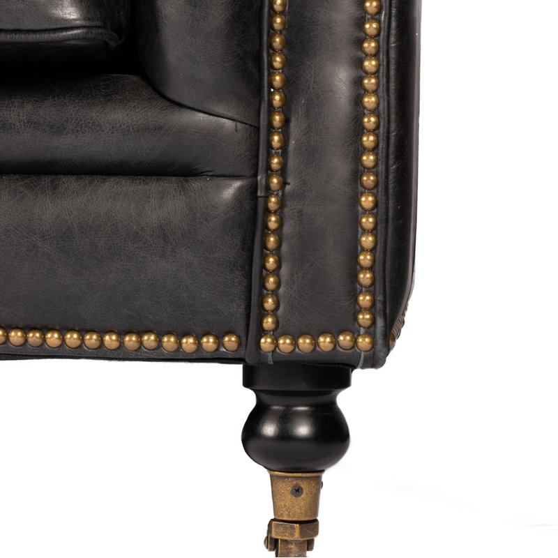 87" Genuine Leather Rolled Arm Chesterfield Sofa with Reversible Cushions, Black Genuine Leather