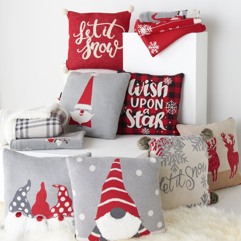 Grey and Red Cotton Peppermint Elf 18" Square Pillow