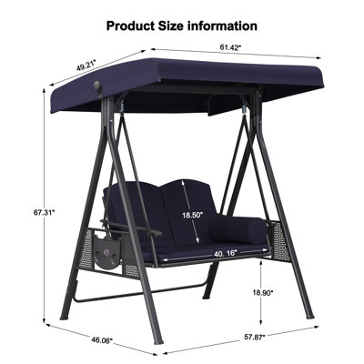 Deluxe Outdoor Patio Porch 2-seat Swing with Stand and Cup Holders and Cushions and Canopy and Pillow Included,Navy Blue