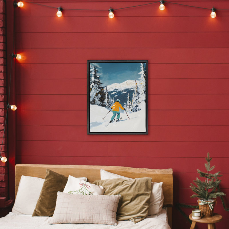 Skieur descendant sur cadre flottant en montagne, design par The Prints Vibe, 31 x 25, Jet Black Floater Framed