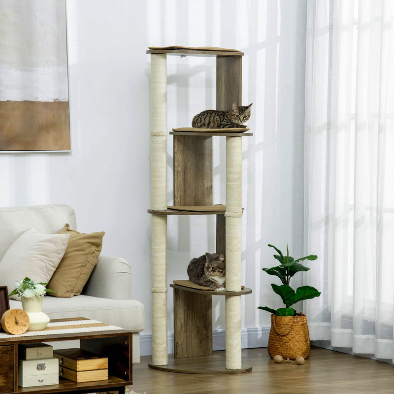 Arbre à chat d'angle de 65 po de hauteur moderne pour grimper, grande tour de chat à plusieurs niveaux avec poteaux à griffer, tour de chaton de petite taille avec sisal, blanc crème