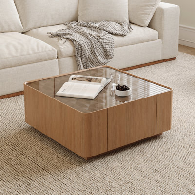 31.5-Inch Square Coffee Table With Storage Drawers,Modern Wooden Coffee Table With Glass Top ,Tea Table Centre Tables For Living Room Office,Walnut