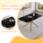 63-inch Black Marble-Patterned Tempered Glass Dining Table with Single-Fork Golden Metal Legs for Modern, Durable, and Stylish Dining Spaces.