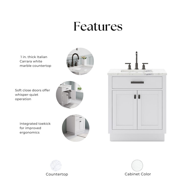 Hartford 30" Carrara White Marble Countertop Bath Vanity in Pure White with Faucet