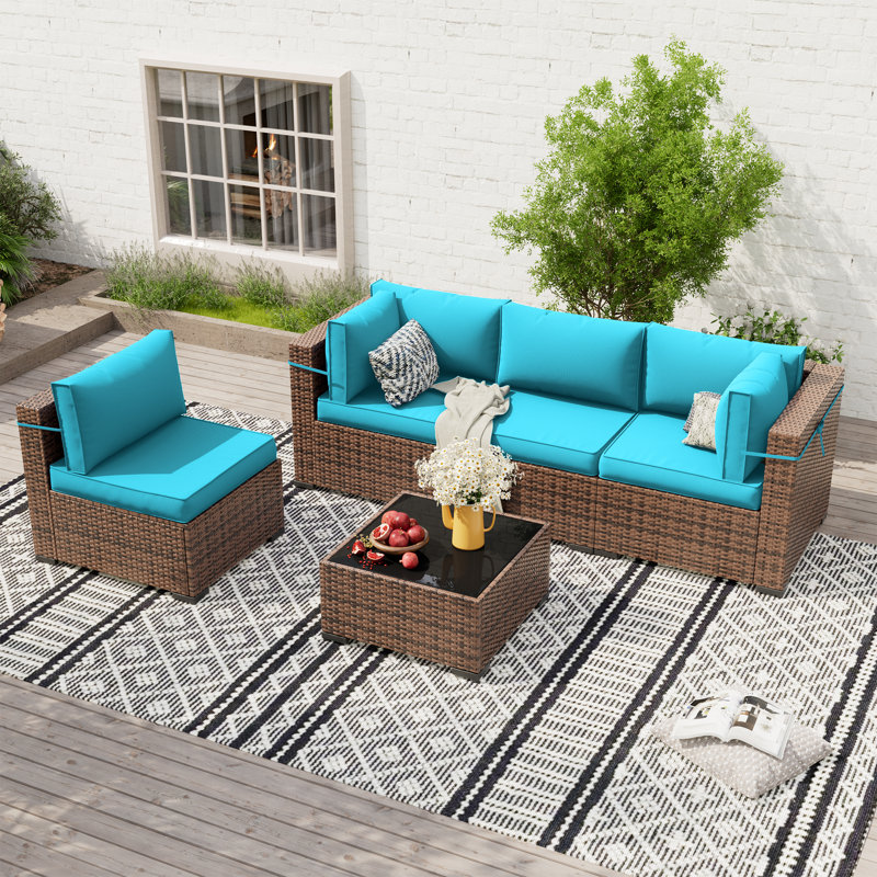 Dinyu Wicker 4 - Person Modular Patio Conversation Sets with Cushions, Sky Blue