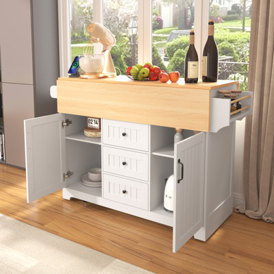 Grand îlot de cuisine 55,7 po avec 2 abattants K&K, chariot de cuisine roulant sur 5 roulettes avec prise de courant, table de salle à manger pliante avec porte-épices et porte-serviettes, 3 tiroirs, pour la cuisine, la salle à manger, blanc